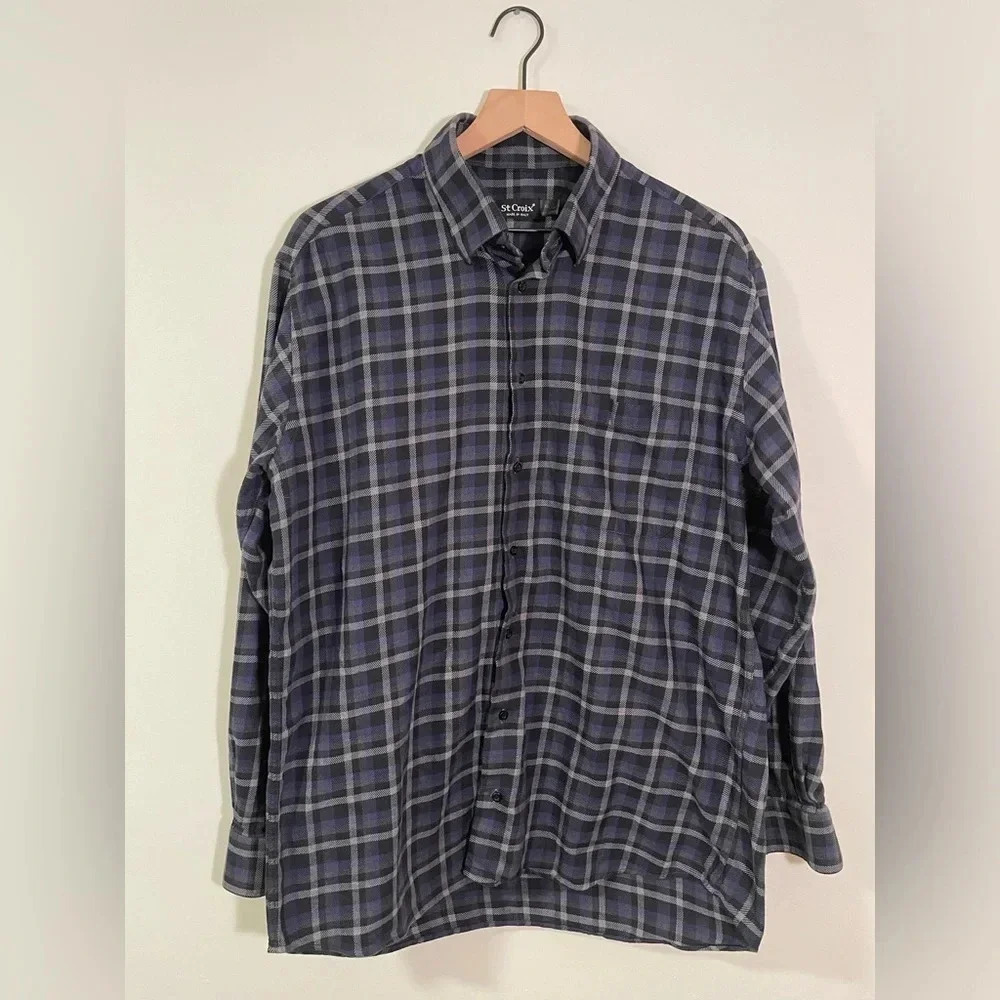St. Croix Made in Italy Men's Blue Flannel Size XL Long Sleeve Button Down Shirt